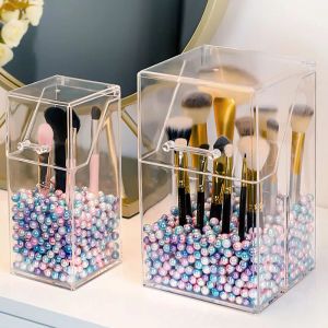 Bins kosmetisk pensel lagringslåda makeup arrangör akryl borsthållare eyeliners displayhållare med locket klart dammtät plastlåda