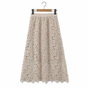 Hålig ut spetsstickad mellanlängd kjol Kvinnor Autumn Winter 2023 Plus Size Casual Clothing God kvalitet Vintage ol French kjol 60v5#