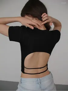 Regatas femininas pretas com costas escavadas, camiseta de manga curta para o verão, slim fit, design francês, top sentido
