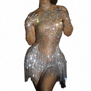 shining Rhineste Tassel Dance Costume Sexy Women Elastic Mesh Net Perspective Crystal Dr Singer Dancer Stage Wear Outfit 60nb#