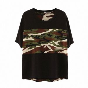 Plus Size Manga Curta Verão Solto Casual T-shirt Mulheres Camoue Patchwork Namorado Túnica Oversized Feminino Roupas Tamanho Grande 67FL #