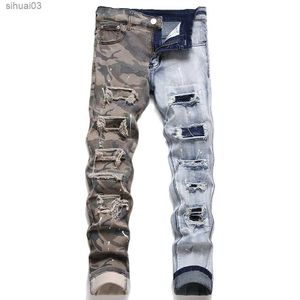 Jeans masculinos Camuflagem impressa de retalhos jeans Roupes Roupes Patches