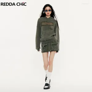 Vestidos de trabalho REDDACHiC Retro Verde Com Capuz Moletom Saia Mulheres 2 Peças Conjunto Bolso Gráfico Impressão Hoodies Top Cargo Minissaia Casual