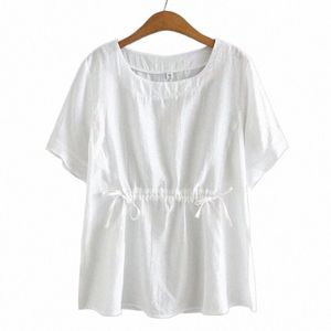 plus Size Blouses Women 2023 Summer Sweet Cott O-Neck Simple Solid Color Short Sleeve Tops Oversized Curve Clothes q4pN#