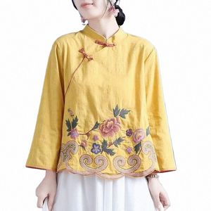 中国スタイルの刺繍コットリネンシャツ春夏レトロバットレトロLGスリーブスタンドアップカラー服緩んだトップスS7TU＃