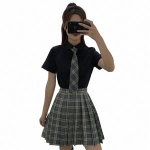 Skoldres för flickor Svart skjorta med slips kortärmad marin Sailor kostym stor storlek S-3XL Anime Form High School JK Uniform B9YJ#