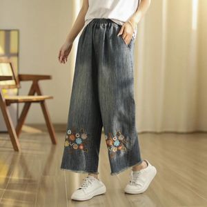 Damen-Jeans, Vintage-Blumen-Stickerei, für Damen, japanischer Stil, Boho-Denim, gerades Bein, Fransen, gerade Hose