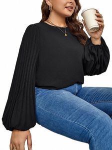 Gibsie Plus Size Womens Blouses and Tops 2023春秋ランタンLGスリーブラウンドネックルースエレガントなオフィスワークシャツブラウス＃HB＃