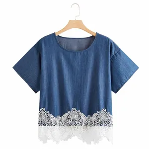 Plus Size Casual Denim Tops Frauen 5XL 6XL 7XL Spitze Patchwork Kurzarm Sommer Frühling Cott T-shirt Damen Große Größe T-shirt 8XL Q2KU #