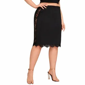 plus Size Elastic Waist Sexy Summer Elegant Bodyc Skirt Women Lace Trim Black Busin Casual Midi Skirt Work Office Skirt 6XL 69G3#