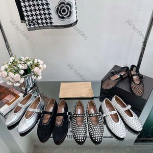 designer Women Dress shoes ALAlAss Top quality Mary Jane ballet flats hollowed out mesh sandals round head rhinestone rivet Genuine leather Party Flat Ballet shoes