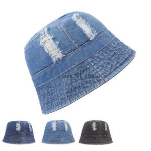 Wide Brim Hats Bucket Solid Foldable Washed Denim For Men Fashion Hip Hop Hole Panama Bob Caps Gorros Unisex Flat Top Fisherman Hat H240330