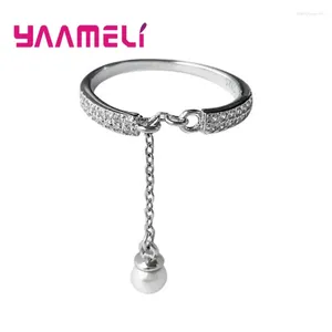 Anelli a grappolo in argento sterling 925 con ciondoli a catena con perle carine, anello con zirconi, strass, cristallo, regalo di fidanzamento per matrimoni, gioielleria raffinata