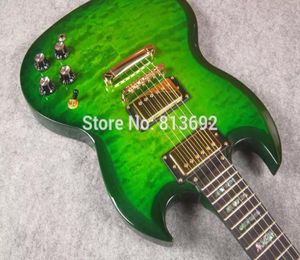Custom Limited Trans Green Qulited Mape Top SG podwójna gitara elektryczna Cutaway inaczej w kierunku przetworników zainstalowanych trapezoid Abalon7187896