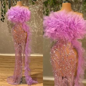 Romantiska aftonklänningar se genom promklänningar paljetter Crystal pärlstav sjöjungfrun ruffle high split illusion skräddarsydda svep tågfestklänningar