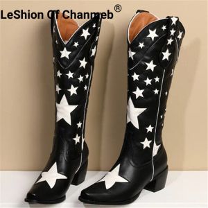 Stivali Leshion of Chanmeb Stars Western Cowboy Boots Teli a blocco medio Slipon Boots Long Boots Woman Autunno Inverno Scarpe 43