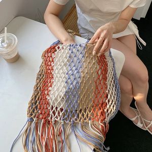 Designer Braided Crochet Net Bag Women Casual Woven Summer Travel Woven Beach Bucket Tote Bag Purse Handbag 240321