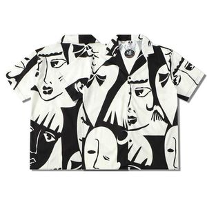 남성 거리 청소년 애호가 패션 브랜드 마스크 디지털 인쇄 느슨한 옷깃 짧은 슬리브 셔츠 여름