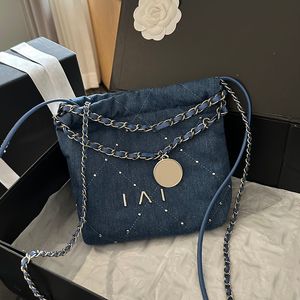 Prata mini rebites decoração feminina designer lixo saco de compras denim 23/35cm moedas charme letras metal ferragem matelasse corrente luxo ombro cruz bolsa