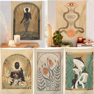 Tapestries India Home Vintage-inspirierter Wandteppich, Wandbehang, Retro-Sonne, Mond, Schlange, Boho-Dekor, minimalistischer Druck, böhmisches Kunstwandgemälde