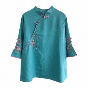 Ny Autumn Multicolor Seven Quarter Ladies 'Cott Linen Shirt Blue Chinese Tradeitial Women's Formal Top Ttang Costume Hanfu W1YY#