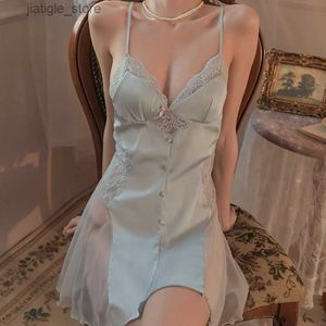 Seksi Set Kadınlar Seksi Dantel Nightwear Yaz Saten Sling Sling Tatayları Kadın İçi Boş Out Patchwork Nighte Nakış bayanlar Gece Elbisesi M-XL Y240329