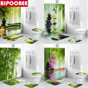 Chuveiro cortinas preto zen pedra cortina de bambu floresta lago verde planta toalete tampa banho tapete conjunto banheiro banheiras decoração