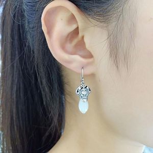 Baumelnde Ohrringe FNJ 925 Silber Blume für Frauen Schmuck S925 Sterling Tropfenohrring natürliche Hetian Jade
