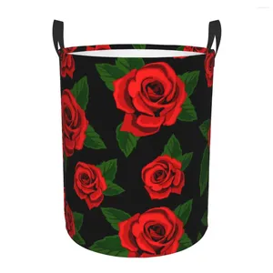 Tvättpåsar Vattentät förvaringsväska Röda rosor med gröna blad Hushållen Dirty Basket Folding Bucket Clothes Toys Organizer