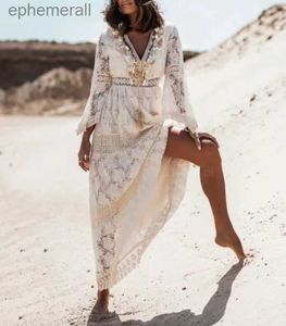 Urban Seksowne sukienki Vintage Tassel długa sukienka Maxi Summer Boho Beach Wear Holiday Vestidos Casual V-dionk rękaw kwitnący Kwiat Koronkowy szata YQ240330