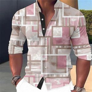 Men's Casual Shirts Stand Up Neck Shirt Square Pattern Printed Button Long Sleeved Street Outdoor Top Plus Size 2024