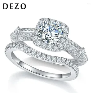 Anéis de Cluster Dezo Moissanite Conjunto de Casamento para Mulher Total 1.53ctw Vintage Sólido 925 Anel de Noivado de Prata VVS1 D Cor GRA Certificado