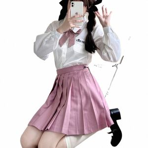 Biały LG Sleeve JK School Mundur Suit Autumn Winter High talia Różowe plisowane spódnice kobiety ubrania dziewczyny japońskie koreańskie l5nc#