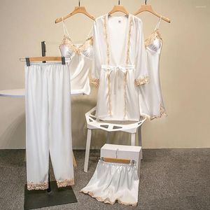 Домашняя одежда Шелковый пижамный комплект Элегантное атласное кружево со шнуровкой на талии Топ Шорты Брюки Женская ночная рубашка из 5 предметов для удобства