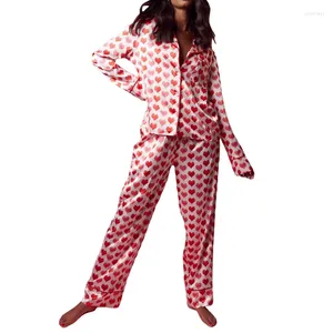 Conjunto de pijama de cetim com estampa de coração, manga comprida, lapela, botão, blusa, tops, calças, doce, menina, feminino, roupa de dormir, conjuntos