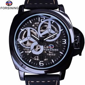 Forsining Vollschwarze Uhr mit Skelettgehäuse, Windmühle, Designer-Wildlederarmband, Militäruhr, Herrenuhr, Top-Marke, Luxus, automatisches Handgelenk, W2372