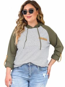 Plus Size Autumn Striped Pullover Hoodies Sweatshirt Women Casual Loose Fi Ladies Sweatshirts LG Sleeve Woman Tops 2023 T1W9#