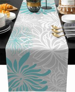 Table Runner Aqua Chrysanthemum Flowers Linen Runners Dresser Scarves Farmhouse Dining Party Decorations yq240330