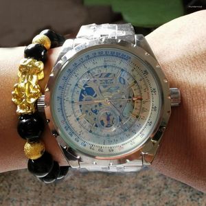 Armbandsur jaragar relogios automatiska mekaniska klockor skelettring silver rostfritt stål band affärs armbandsur för