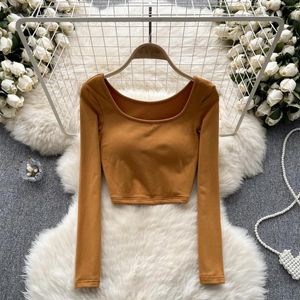 Women's T Shirts Women Chic Sheer Square Collar Crop Top Chest Pads Long Sleeve Slim Sexy Korean T-shirt Fashion Autumn Shirt