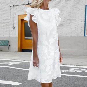 Повседневные платья Элегантное жаккардовое платье для женщин Лето Удобные с короткими рукавами Белое женское свободное платье с круглым вырезом