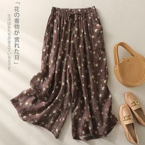 Calça feminina Limiguyue thin ramie mole retro estampa floral feminino de verão pernas largas calças soltas elásticas do tornozelo wiast e510