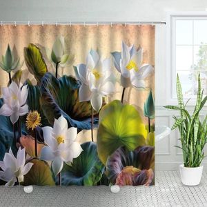 Duschgardiner blommor lotus gardin set gröna blad asiatisk kinesisk stil blommor olje målning polyester tyg badrum dekor med krokar