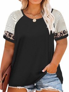 Donna Plus Size Raglan Manica corta a righe T-shirt 2023 Estate Girocollo Loose Fit Stampa leopardata Casual Tee Tops k3PK #