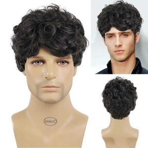 Nxy Vhair Perücken Gnimegil synthetische Herren-Perücke, schwarze Mischung aus grauem Haar, kurzes lockiges Haar, für männlichen Vater, Geschenk, natürlich, hitzebeständig, Cosplay-Party, 240330