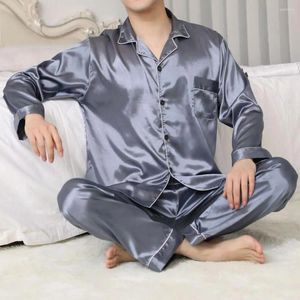 家庭用衣類の男性パジャマセットスリープウェアメンズサテンラペルロングスリーブシャツワイドレッグパンツソフトホームウェア