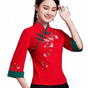 traditial Chinese Women Ethnic Style Top Retro Pan Butt T-shirt Cott Linen Embroidery Elastic Comfortable Top Qipao Hanfu a2zz#