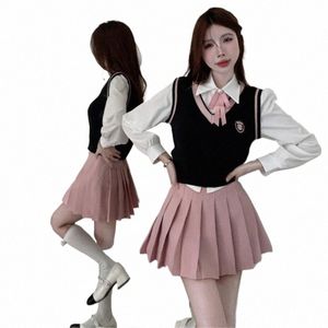 Koreli Şık Okul Üniforma Kızlar İlkbahar/Sonbahar Amerikan Tarzı JK Üniforma Set Kadın Yelek Gömlek+ Örme Yelek+ Pileli Etek Pembe Y7NT#