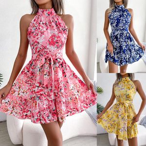 Spring And Summer Elegant Lace Up Ruffled Large Swing Floral Dress Womens Clothing