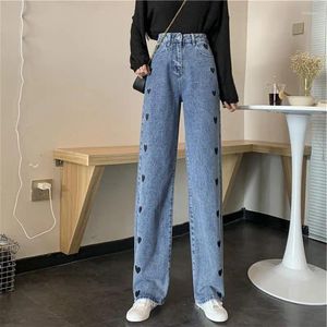 Women's Jeans High Waist S Embroidered Straight Leg Trousers With Hearts Blue Female Denim Pants Teenagers Original R Z